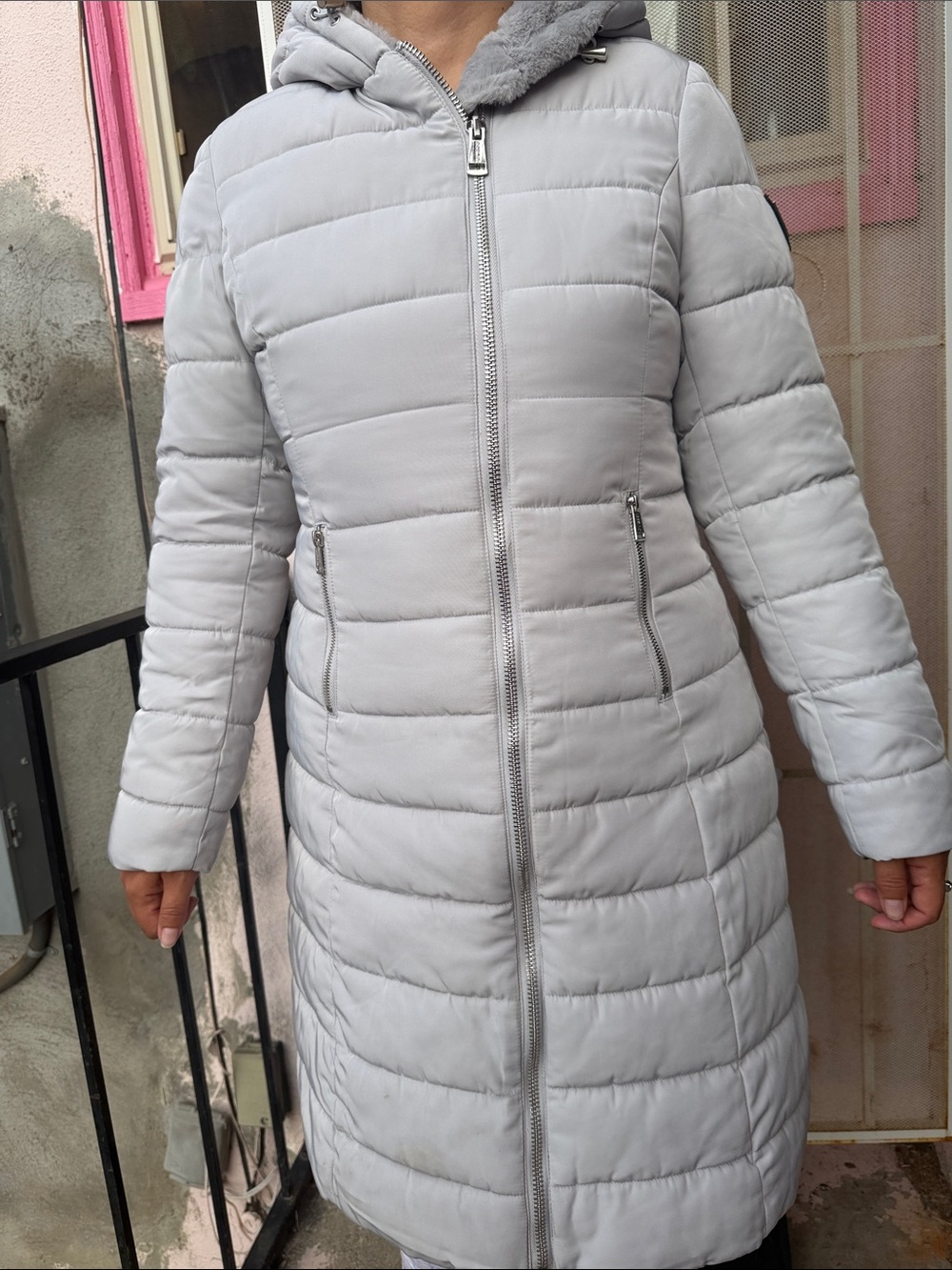 Light Gray Women's Quilted Long Puffer Coat with Hood